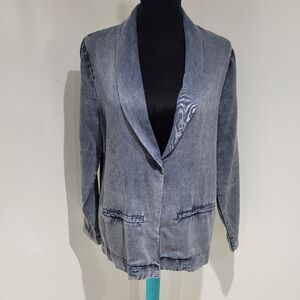 Lea & Nicole Women's Relaxed Oversized Boyfriend Fit Chambray Blazer Small Blue